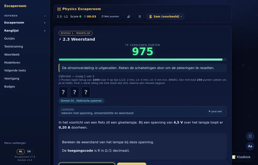 Een vraag in level 1, met het leerdoel en de knop "past niet".